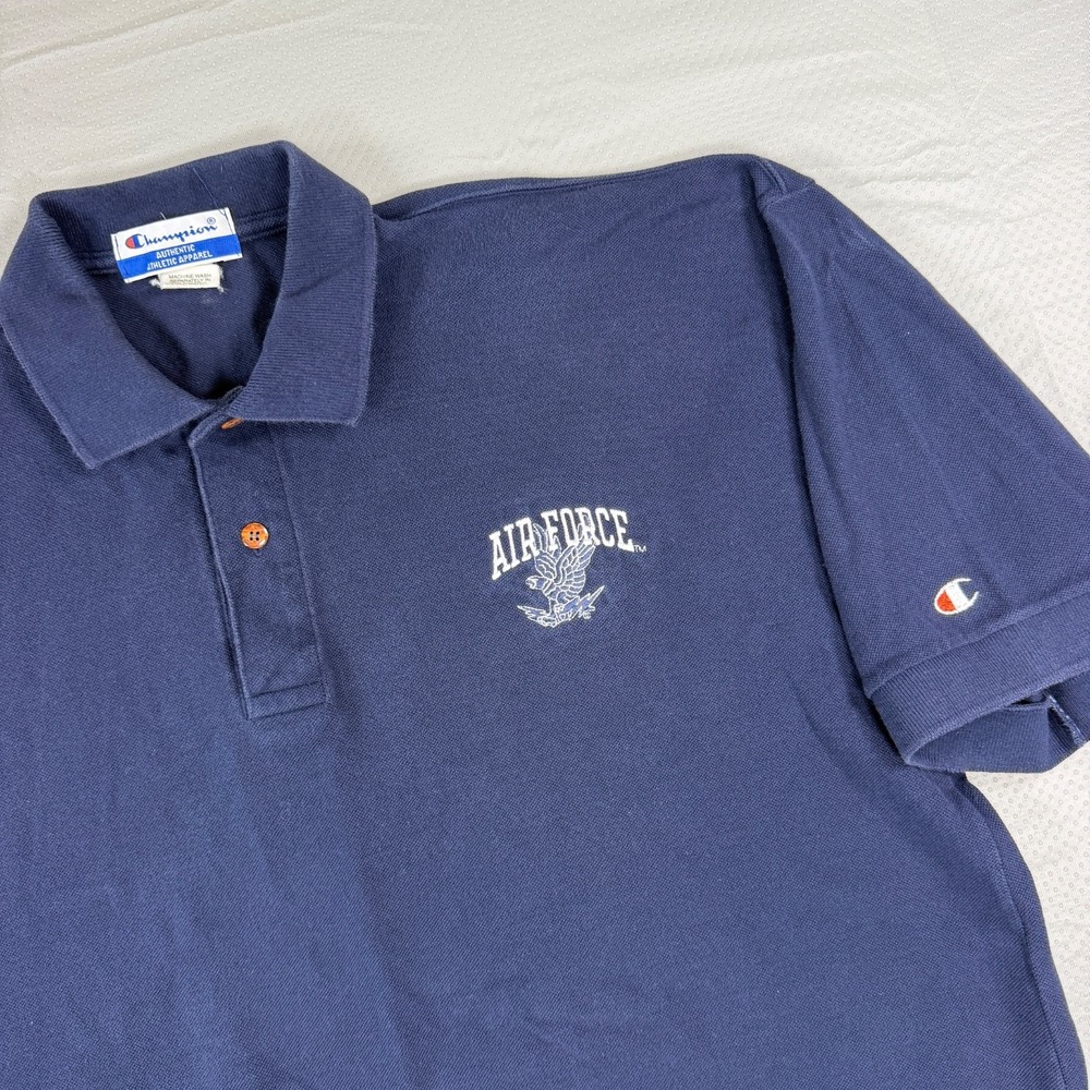 Vintage Champion Air Force Polo Shirt Mens XL Blue Embroidered Military Golf Top